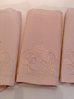 Three Vintage Pale Pale Pink Madeira Linen & Organza Fingertip Towels